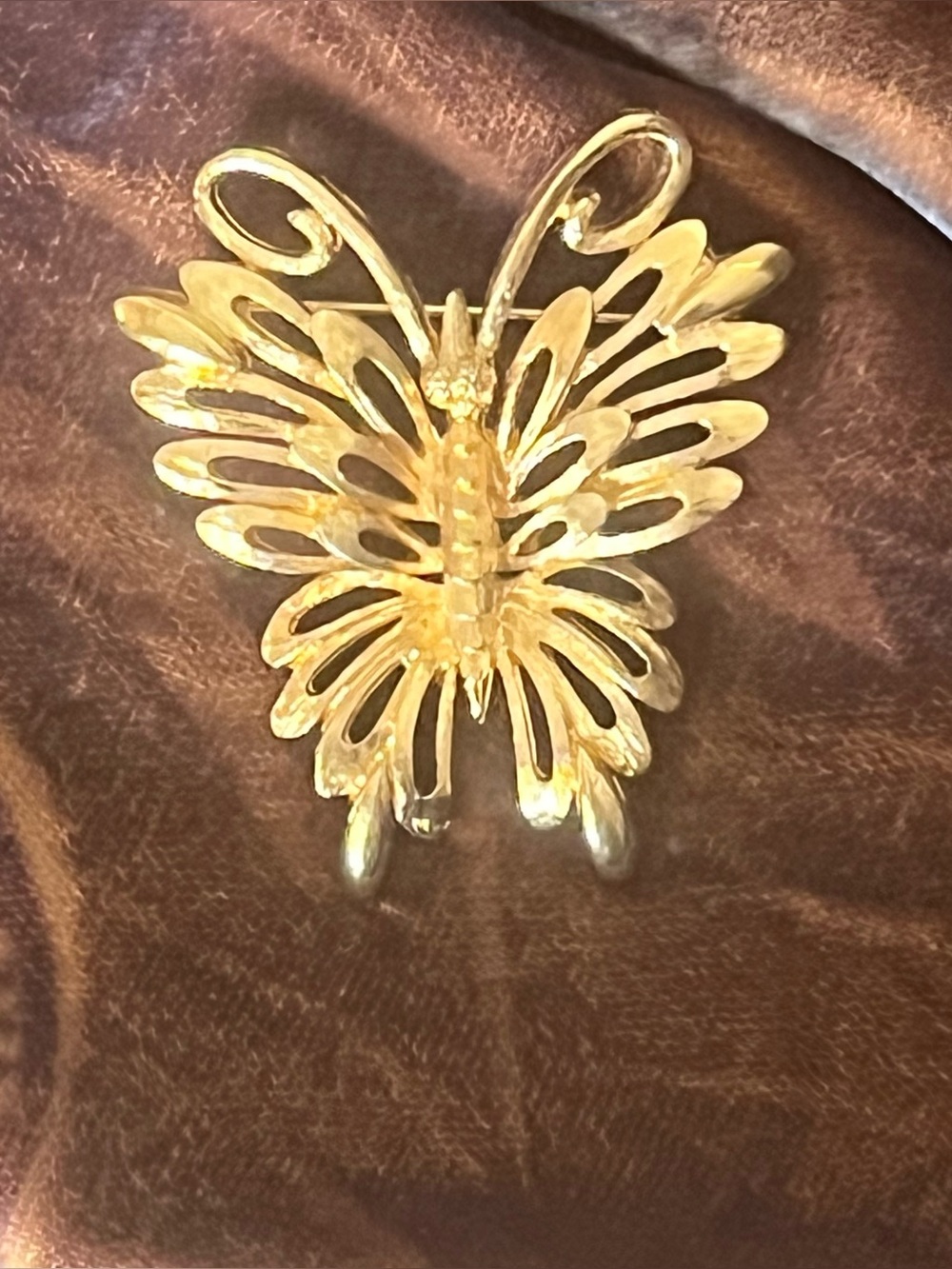 Vintage Monet Gold Tone Butterfly Brooch Statement Pin Textured Openwork